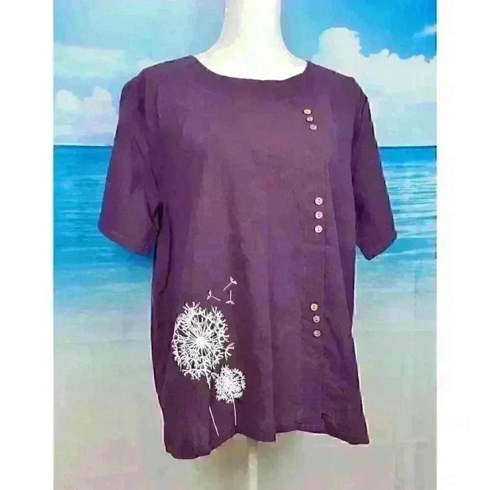 PLUM PURPLE Womans Blouse Top DANDILION Graphic Off Center Button Accent size Lg - Picture 2 of 5